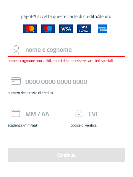 Screenshot pagamento online con carta di credito