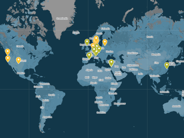 Geographic map of ECLT members (listed in detail below).